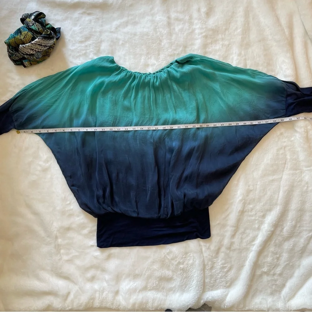Womens Turquoise Navy Silk Blouse Top - Picture 13 of 16